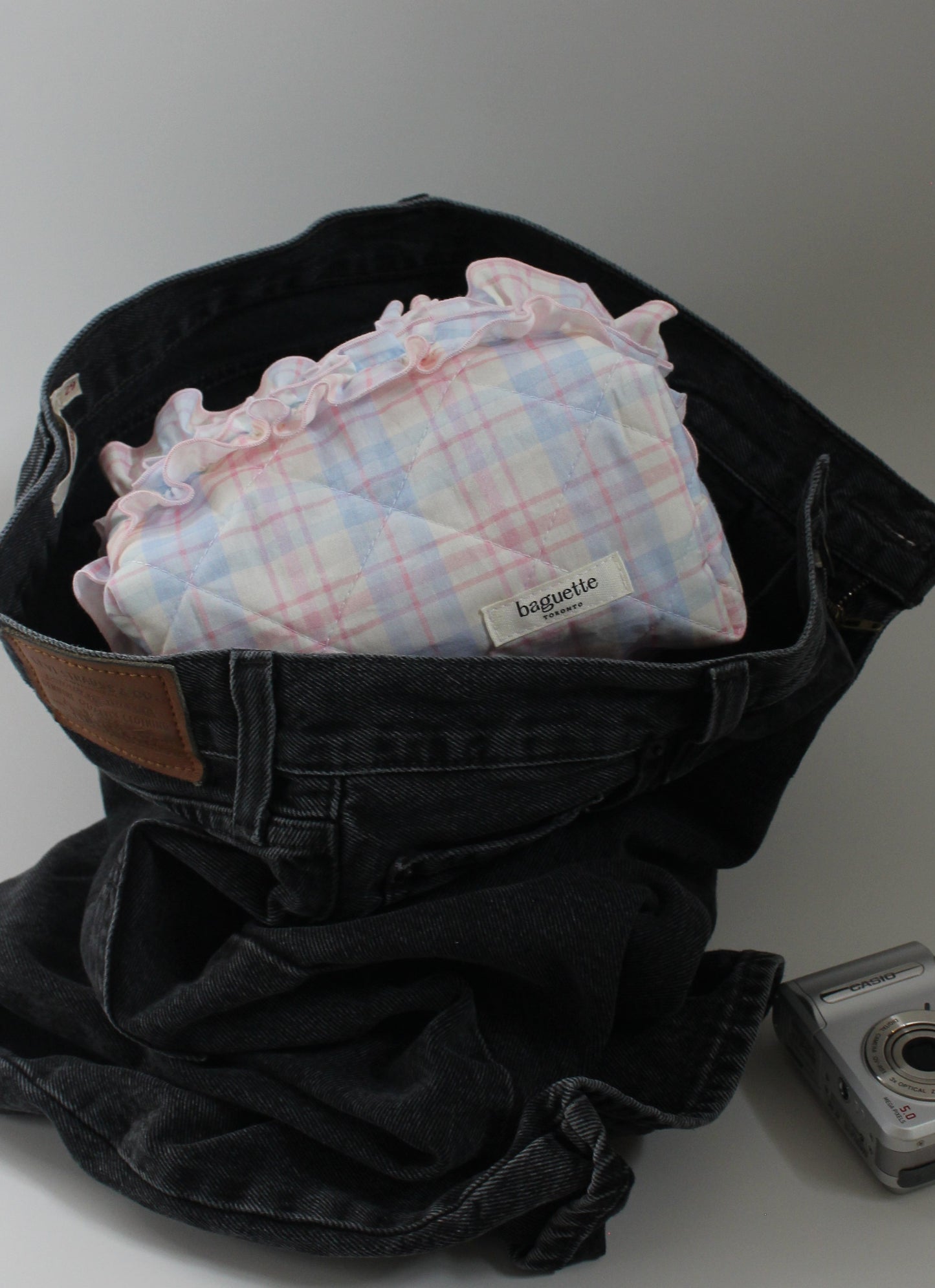 Blue Pink Checkered Ruffles Pouch