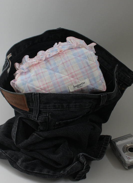 Blue Pink Checkered Ruffles Pouch